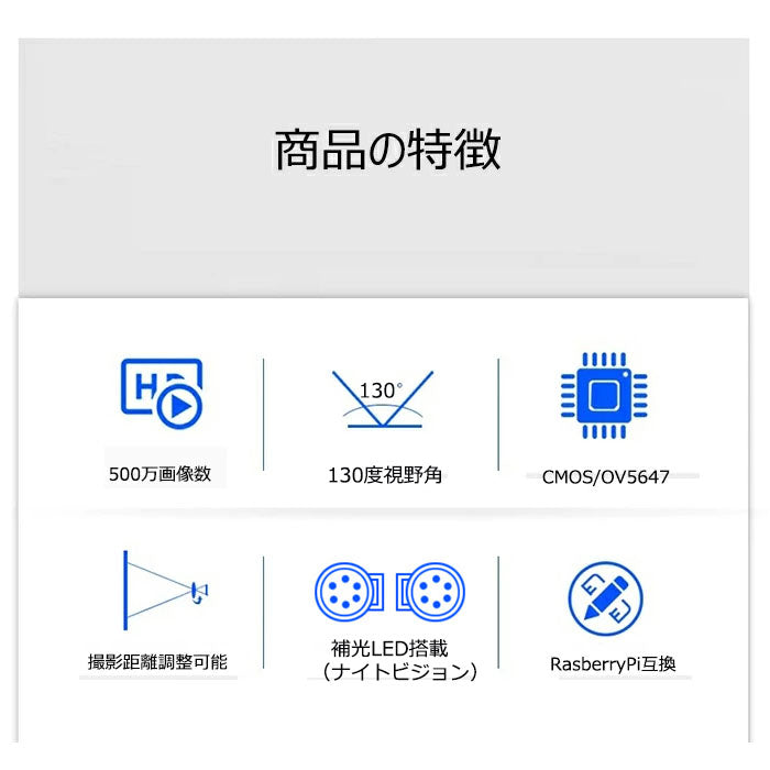 Raspberry Pi用 ナイトビジョン対応 広角魚眼レンズ付き 補光LED x2搭載 ズームレンズ 5MP 感光チップOV5647 Raspberry Pi 4B Model B/B+ A+ RPi 4 3 2 調整可能マニュアルフォーカス