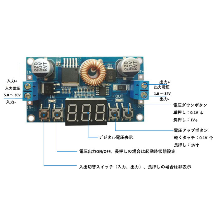 DC - DC降圧コンバータ 電圧調整モジュール 7セグ付き 12V→3.3V 12V→5V 14V→5V 14→12V電源変換可能